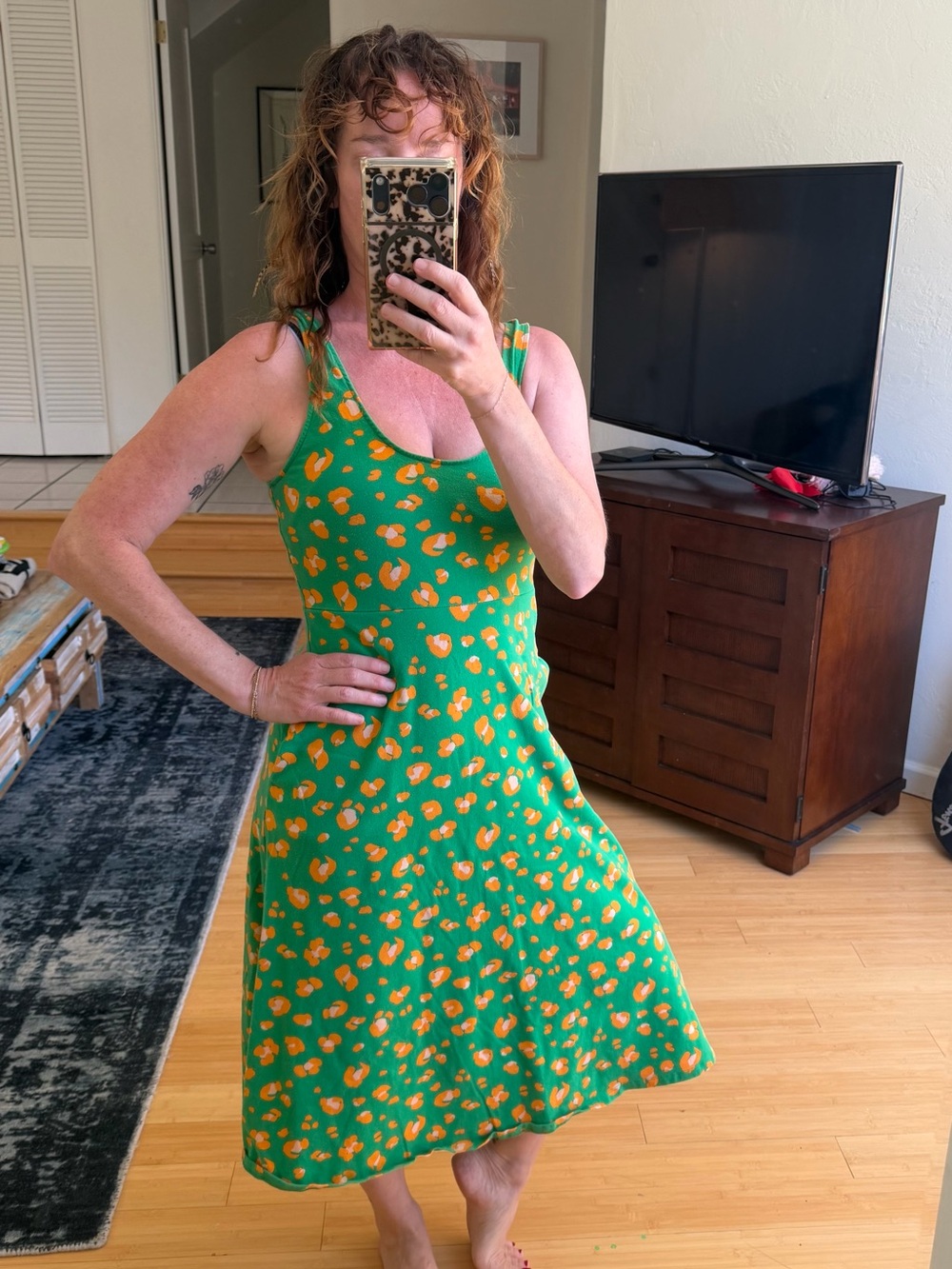 Green Floral-Print Scoop Neck Midi Dress in Orange Accent